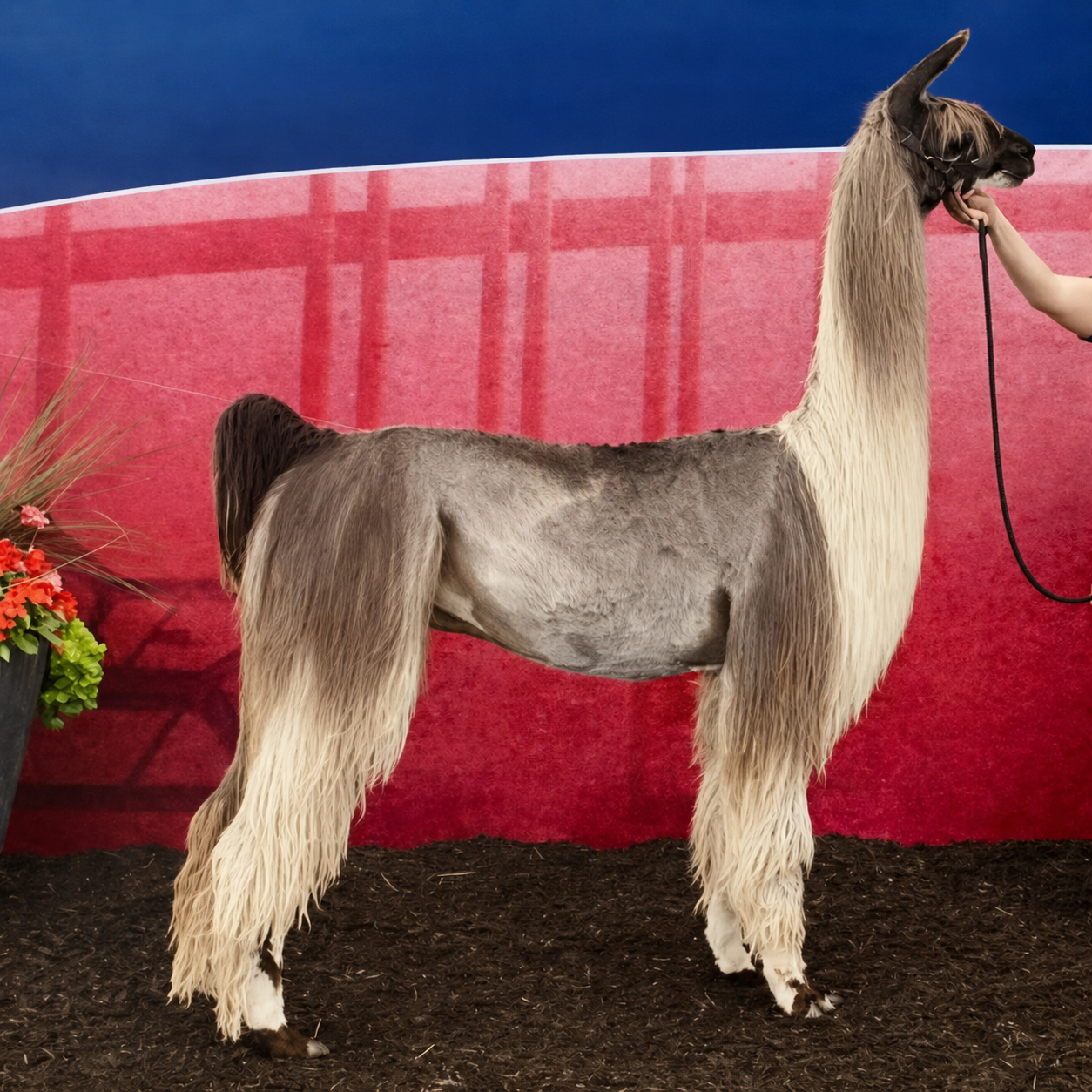 A llama standing on dark dirt with a red, blue, and pink background, being held by a person with a black leash.