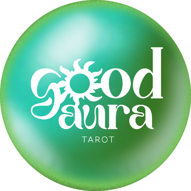 A circular green gradient background with white text that reads 'Good Aura Tarot' and a sun-like symbol above the word 'Good'.