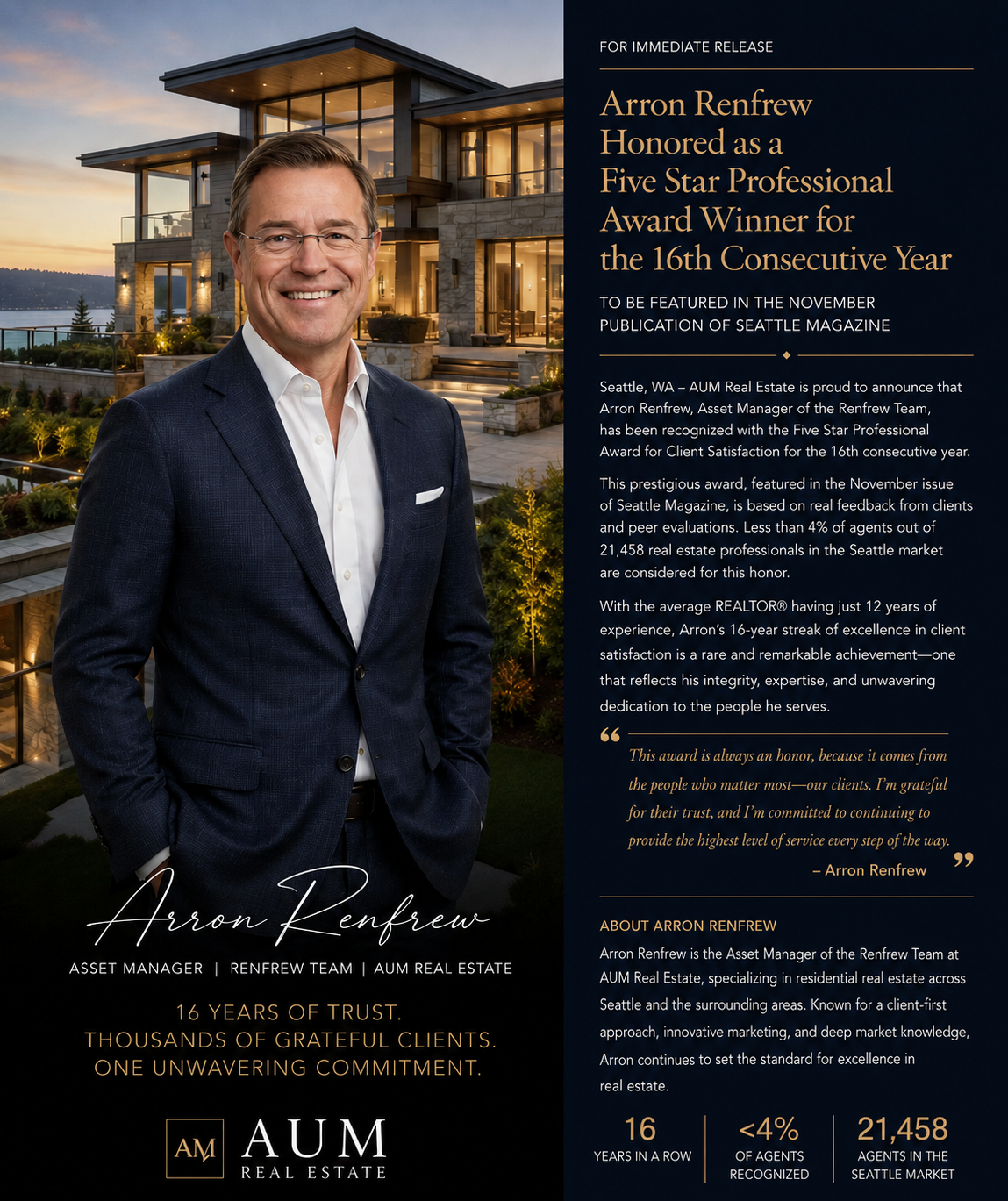 June 2026 Arron Renfrew receives 16th consecutive year award for Client Satisfaction!