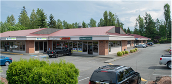 A strip mall with multiple storefronts and a parking lot filled with cars, surrounded by trees and green landscape.