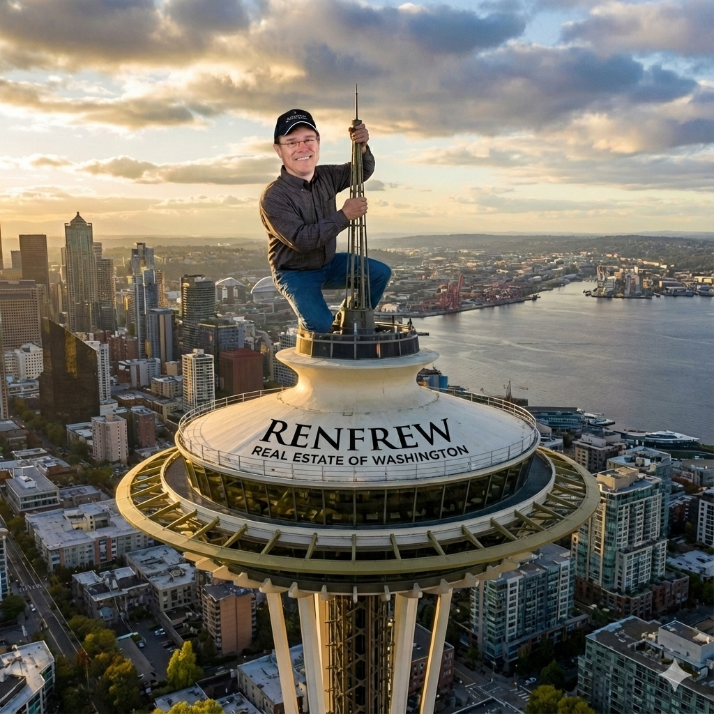 A person with a smiling face shaping like a man is edited onto the top of the Space Needle in Seattle, Washington. The surface of the Space Needle features the words 'RENEEW REAL ESTATE OF WASHINGTON'. The background shows a cityscape with tall buildings and a body of water, under a sky with clouds at sunset.