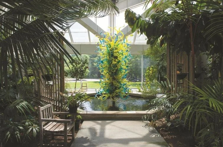 Indoor garden with lush green plants, a wooden bench, and a large glass sculpture resembling a colorful, abstract tree, set against a windowed background.