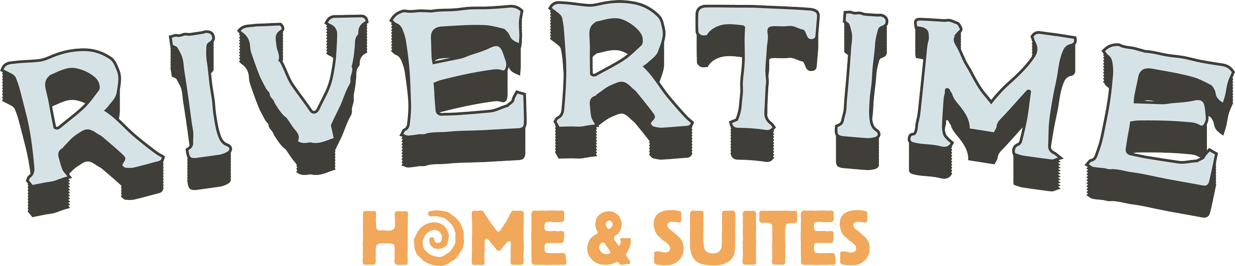 Logo of Rivertime Home and Suites with stylized text in gray and orange.