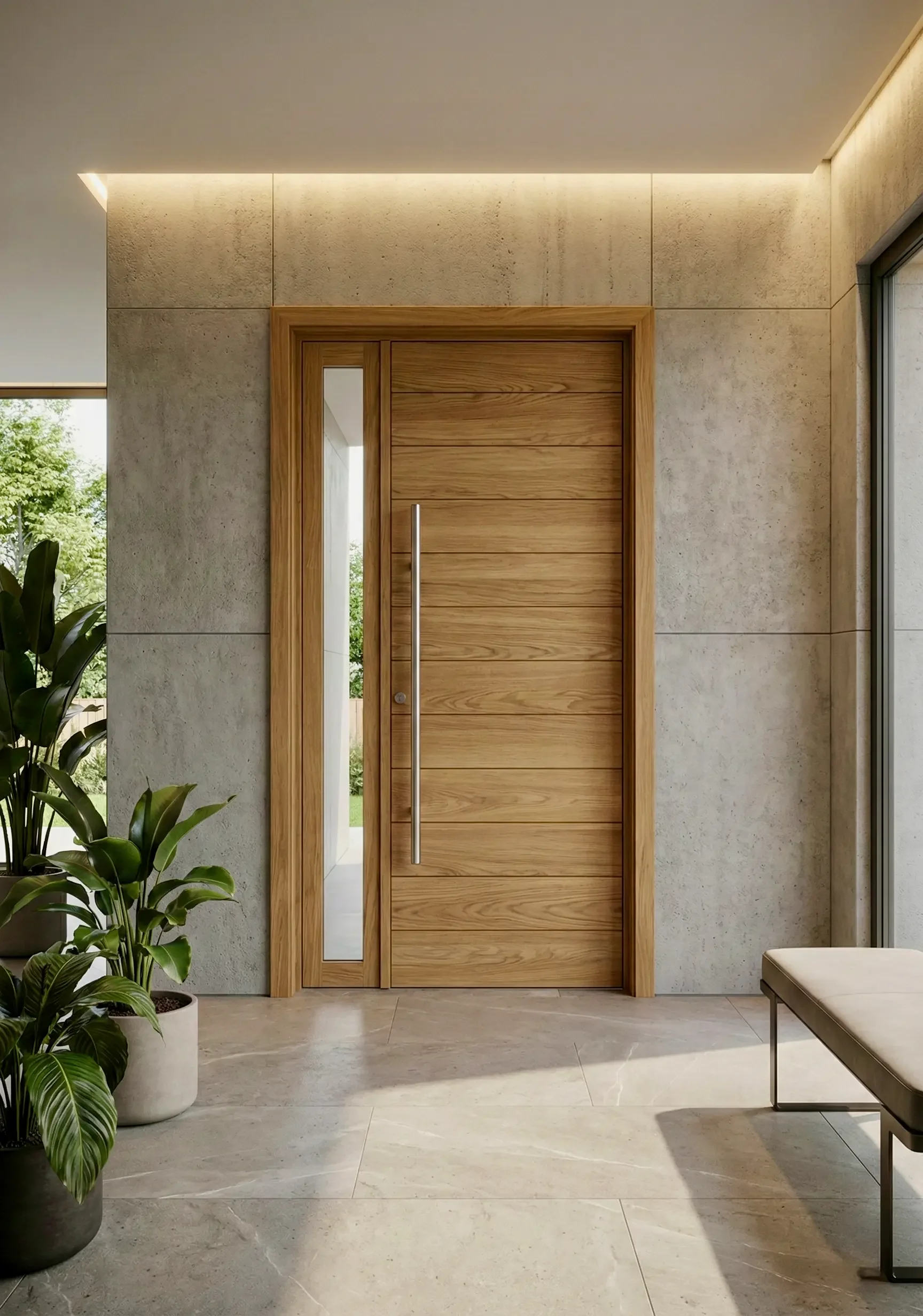 Puerta principal moderna de madera de Encino Americano sólido y jabladera de acero. Carpintería residencial en Oaxaca por Estudio Madera.