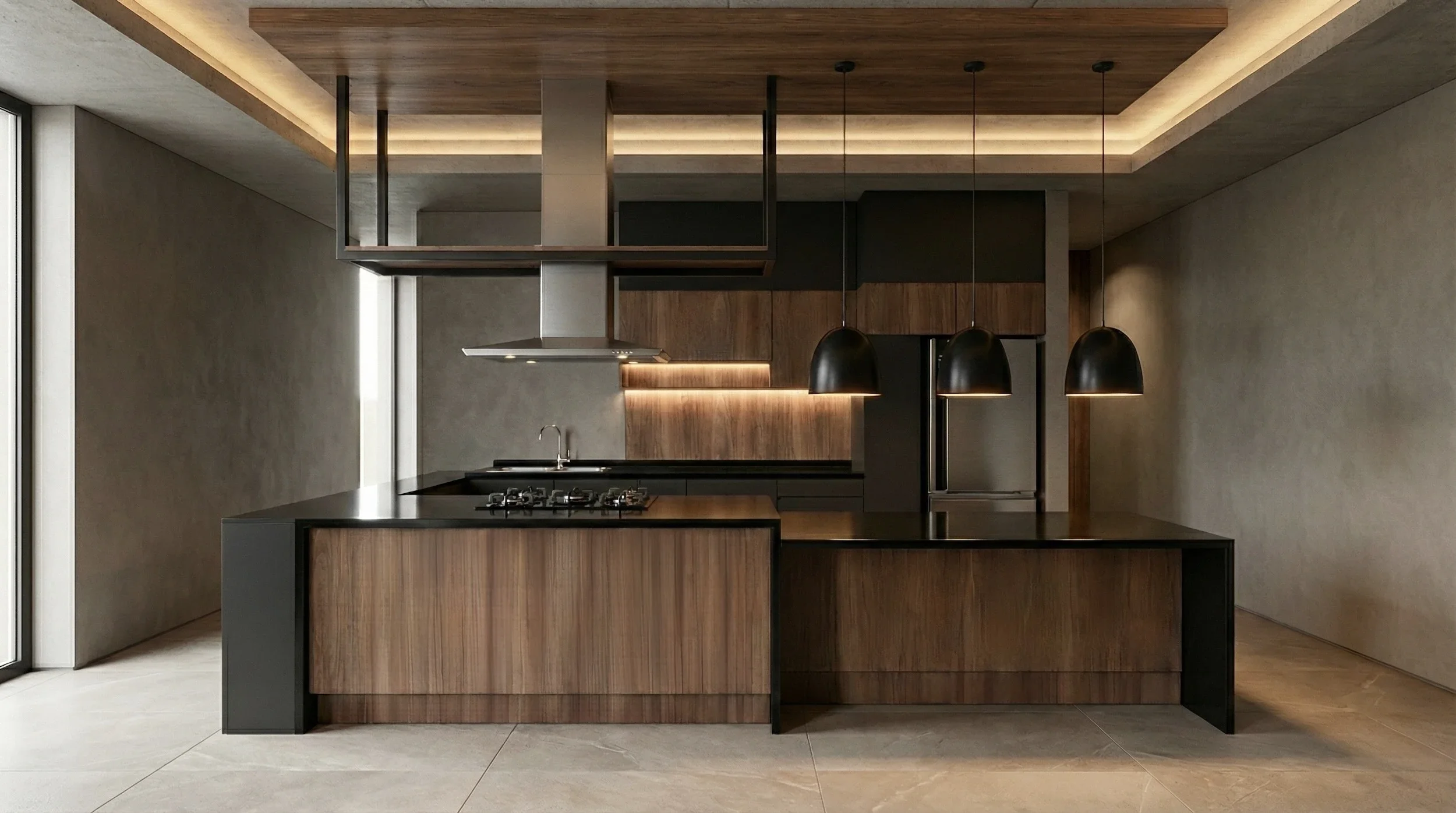 Diseño de cocina integral moderna con acabados en negro mate y rioja, fabricada a medida para residencia en Oaxaca.