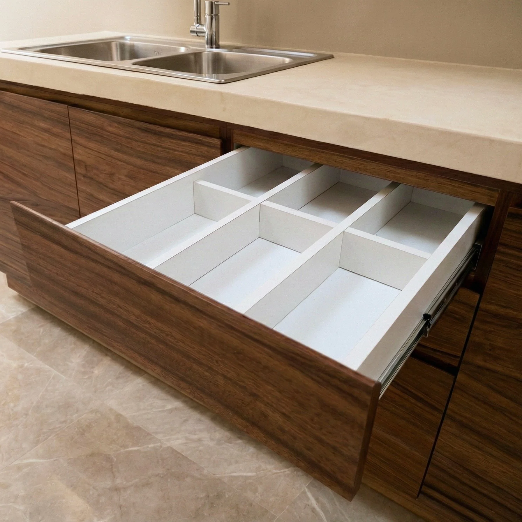 Primer plano de cajón de cocina abierto mostrando carpintería interior de precisión y organizadores a medida. Estándar de calidad de Estudio Madera.