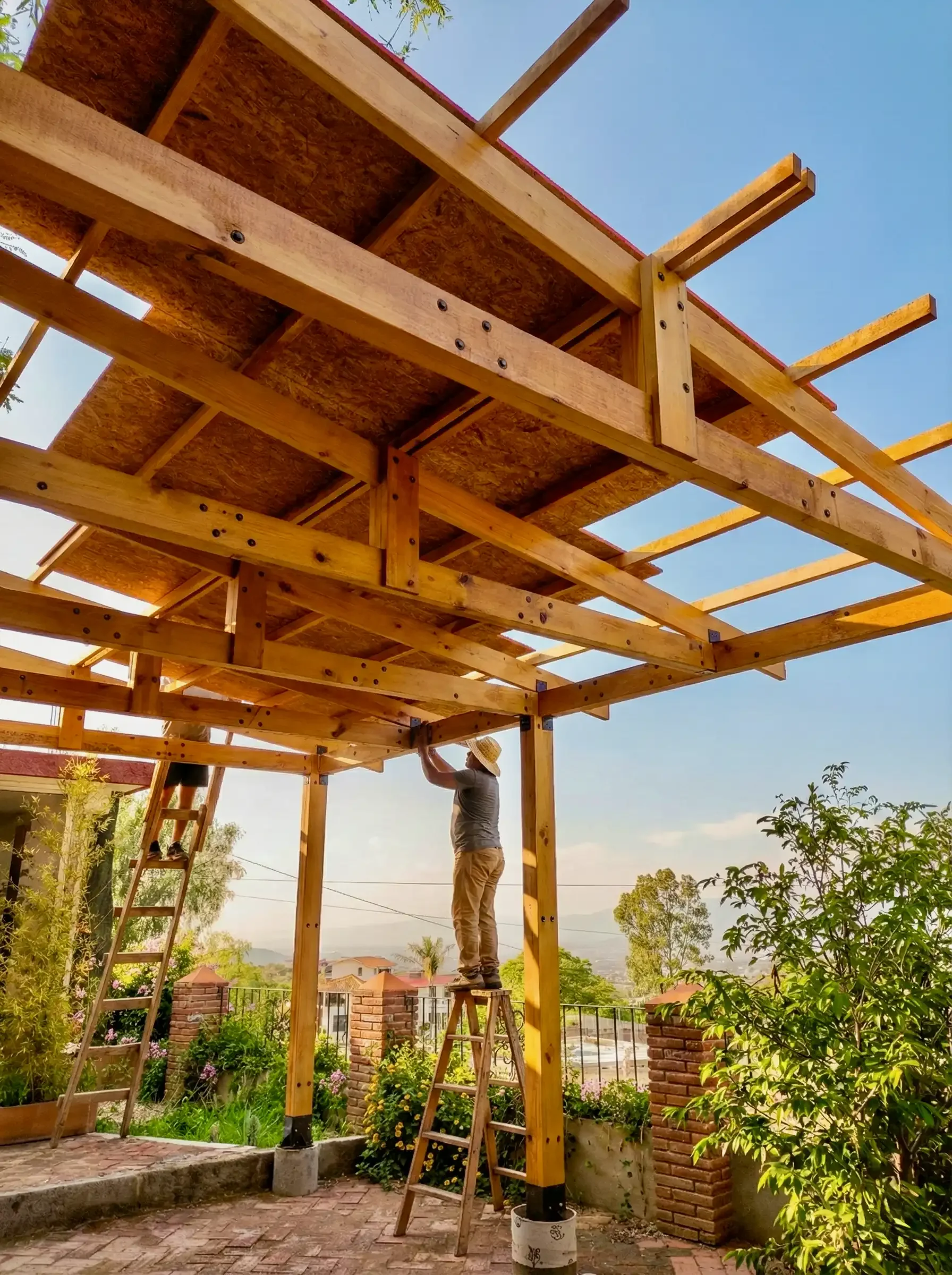 Proceso de construcción y montaje estructural de pérgola en madera de pino sólida para terraza exterior. Carpinteros instalando viguería y techumbre en Oaxaca.