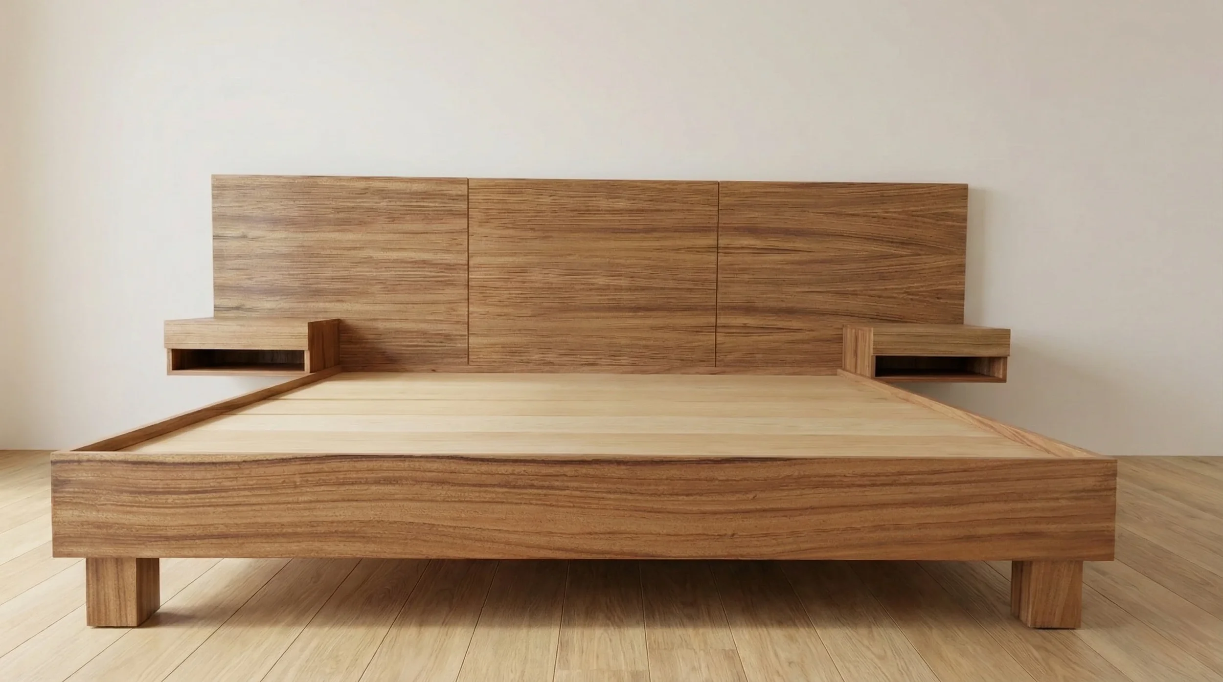 Cama de plataforma minimalista en madera de Parota con burós flotantes, diseño de lujo silencioso por Estudio Madera en Oaxaca.