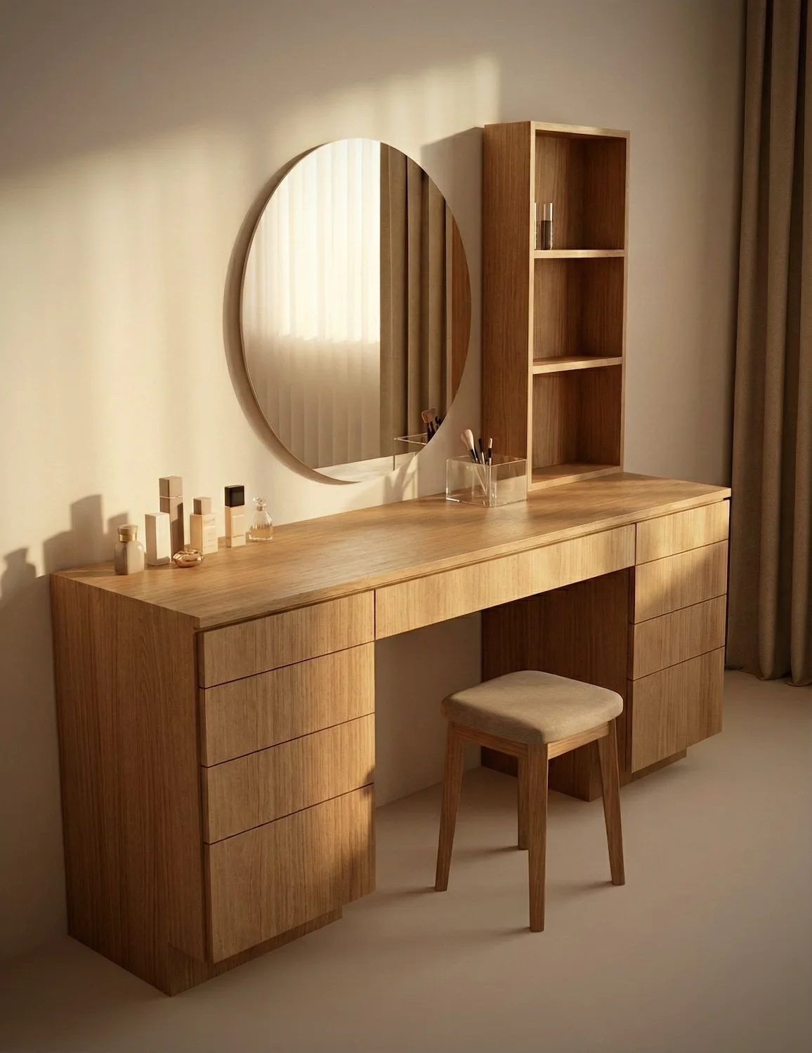 Tocador de diseño minimalista fabricado en madera de encino americano por Estudio Madera. La pieza presenta líneas limpias, un espejo circular y acabados de alta precisión para la categoría de Hábitat y Residencia.