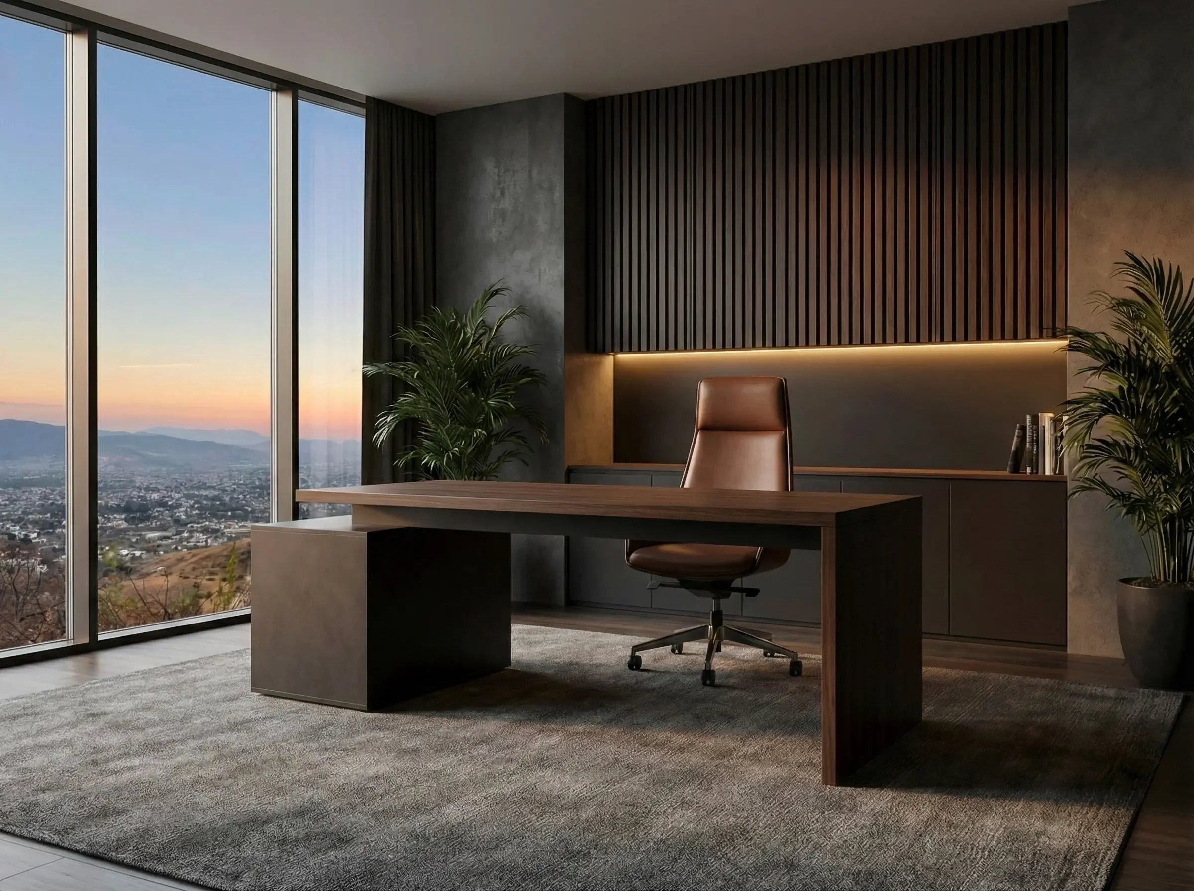 Proyecto de oficina corporativa que incluye escritorio y colocación de panel tipo WPC/listón en muro. Mobiliario y revestimientos a medida por Estudio Madera.