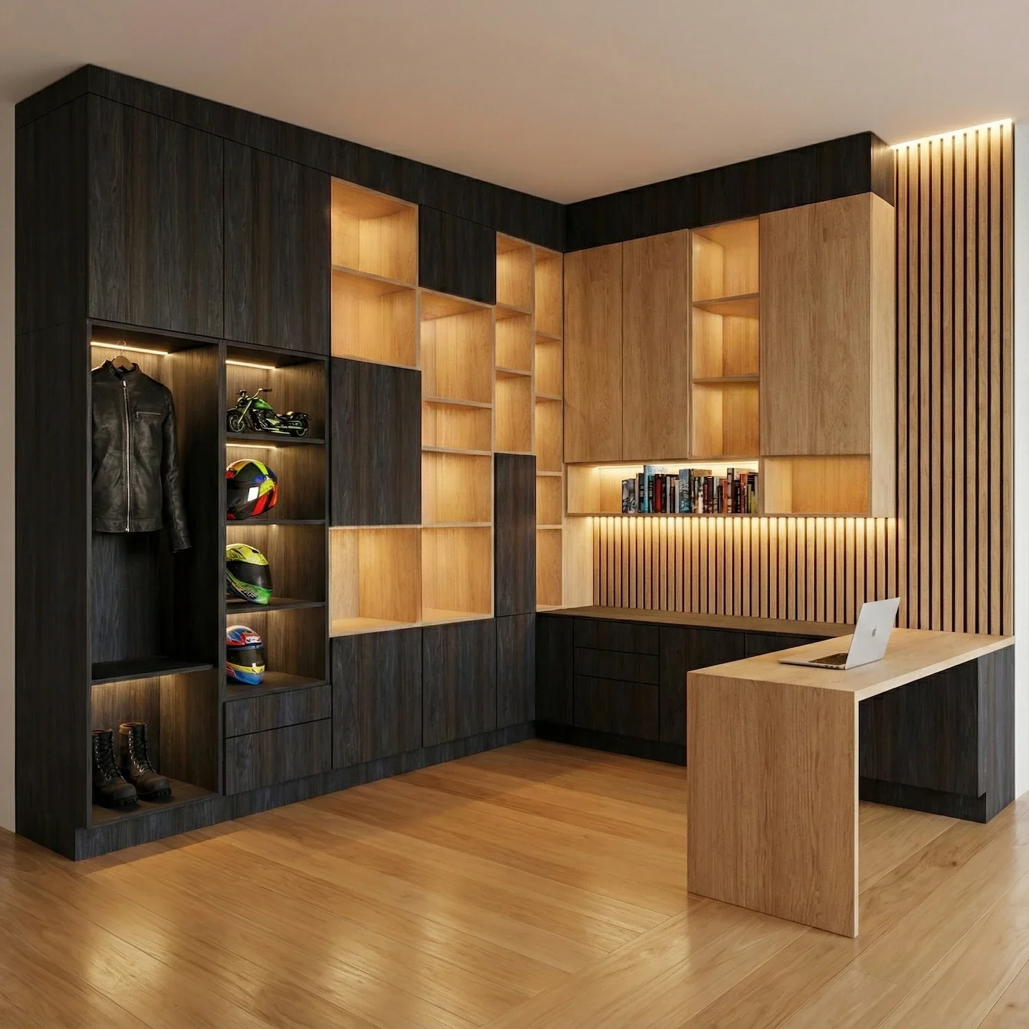 Estudio con libreros y almacenaje en tonos claros y oscuros, escritorio de madera con computadora portátil, y suelo de madera.