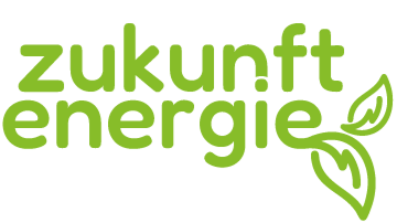 Grüner Schriftzug 'zukunft energie' mit Blatt- und Energiesymbolen