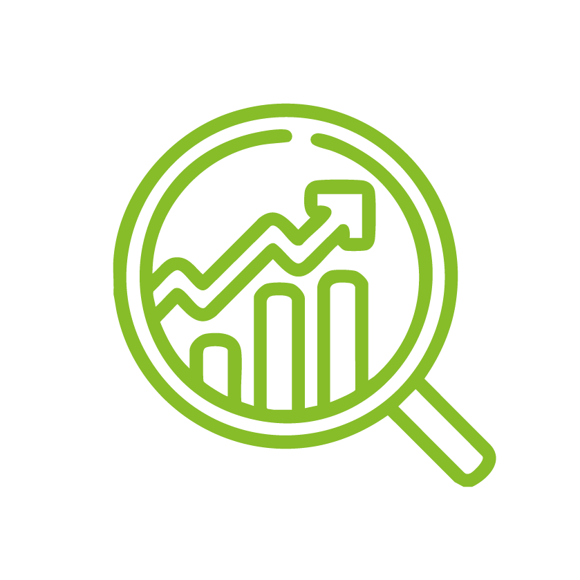 Grüner Lupen-Icon mit steigenden Diagrammlinien und Balken, die auf Wachstum und Erfolg hinweisen.