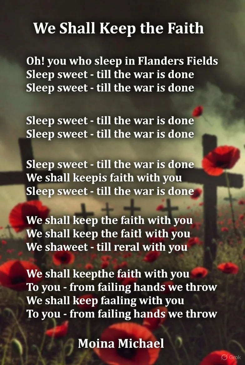 By Moina Michael

Georgia schoolteacher Moina Michael (the “Poppy Lady”) read “In Flanders Fields” and began wearing a silk poppy in memory of the war dead. She campaigned for the poppy to become the official U.S. memorial flower.

In 1920–21, the Am
