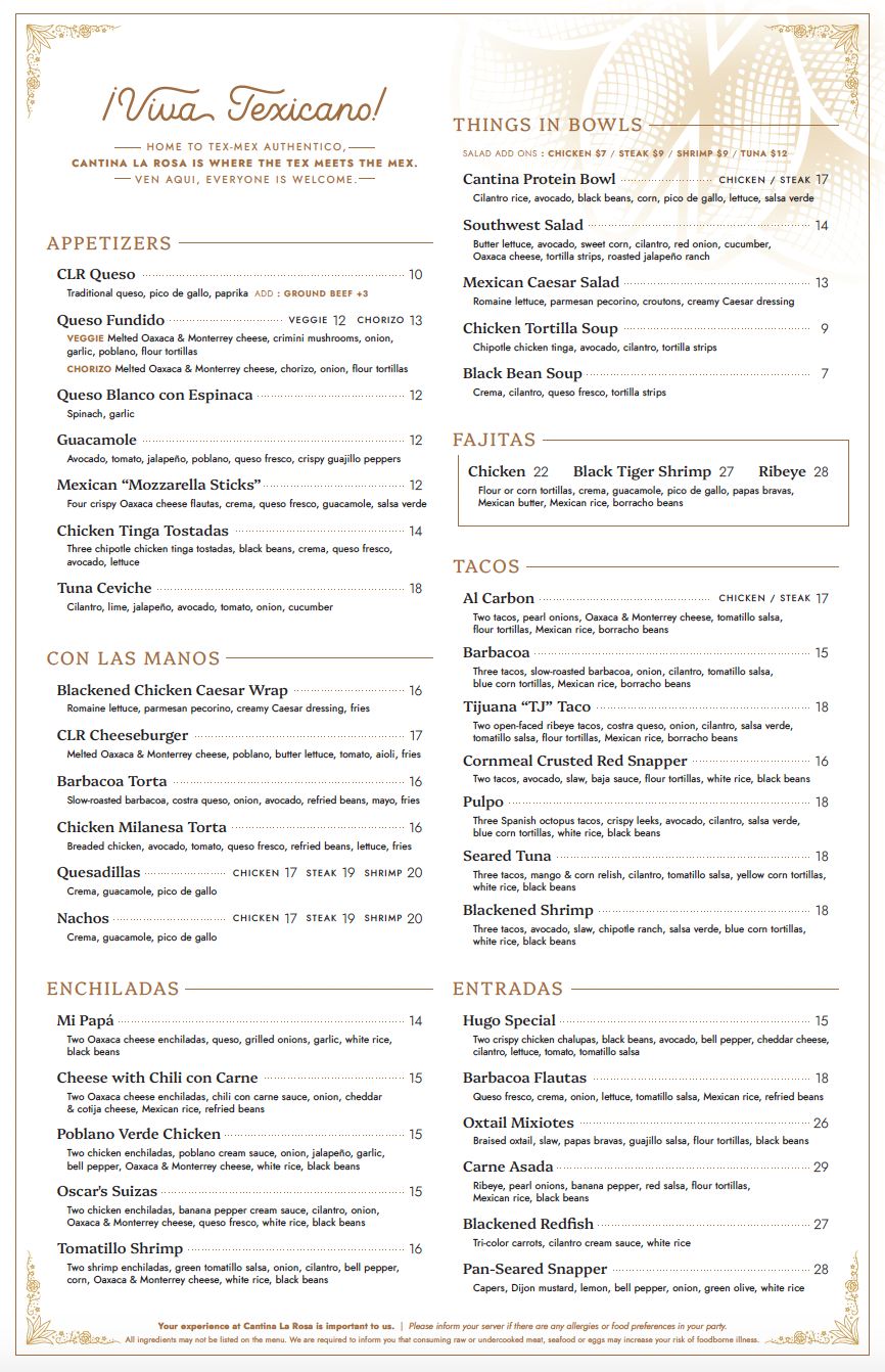 Mexican restaurant menu titled '¡Viva Mexicano!' with sections for appetizers, bowls, fajitas, tacos, enchiladas, and entradas, listing various Mexican dishes and prices.