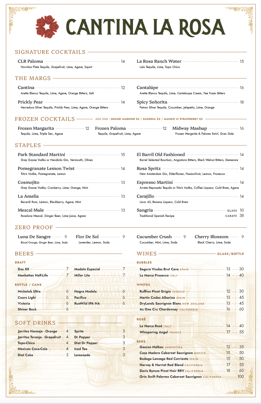 Menu for Cantina La Rosa, featuring signature cocktails, margaritas, frozen cocktails, staples, zero proof drinks, beers, and wines with prices and descriptions.