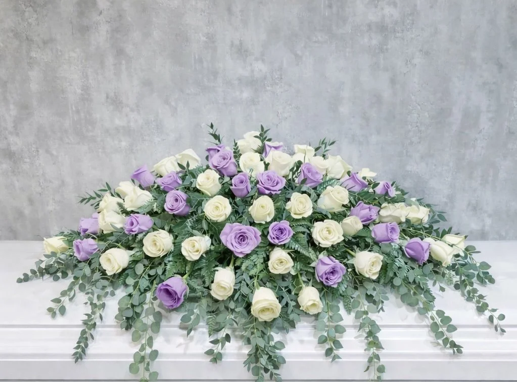 Purple & White Rose Casket Spray