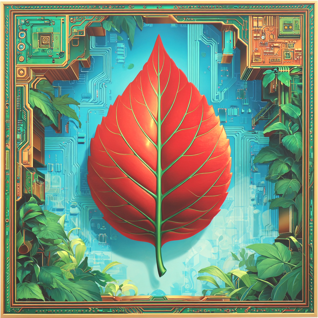 A large, red leaf with green veins in the center of the image, surrounded by green plants and a digital circuit board pattern in a frame, blending nature with technology.