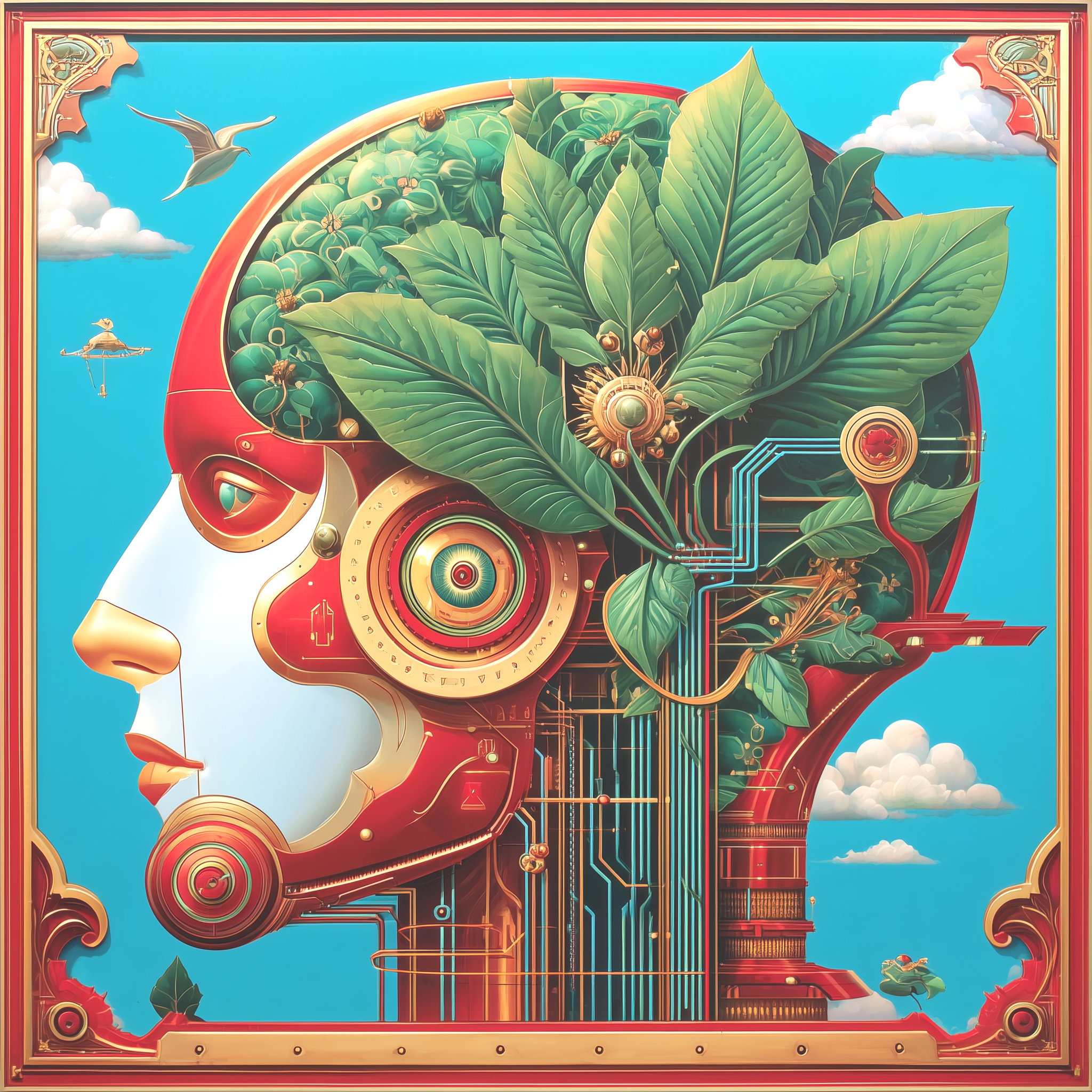A surreal digital artwork depicting a human profile with a mechanical and botanical fusion. The head contains lush green leaves and complex machinery, set against a bright blue sky with clouds and flying birds.