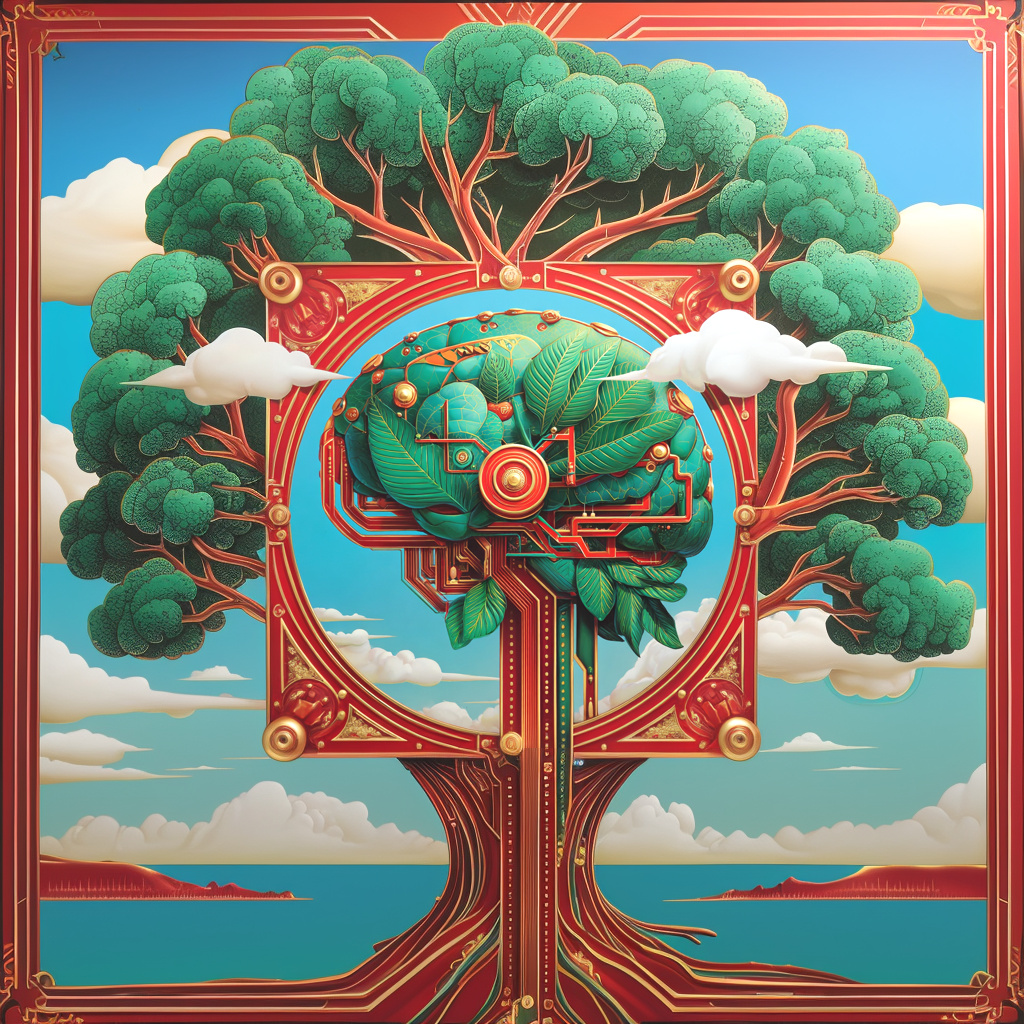 A stylized, artistic depiction of a tree with a brain integrated into its structure, surrounded by clouds and a blue sky, with an intricate frame around it.