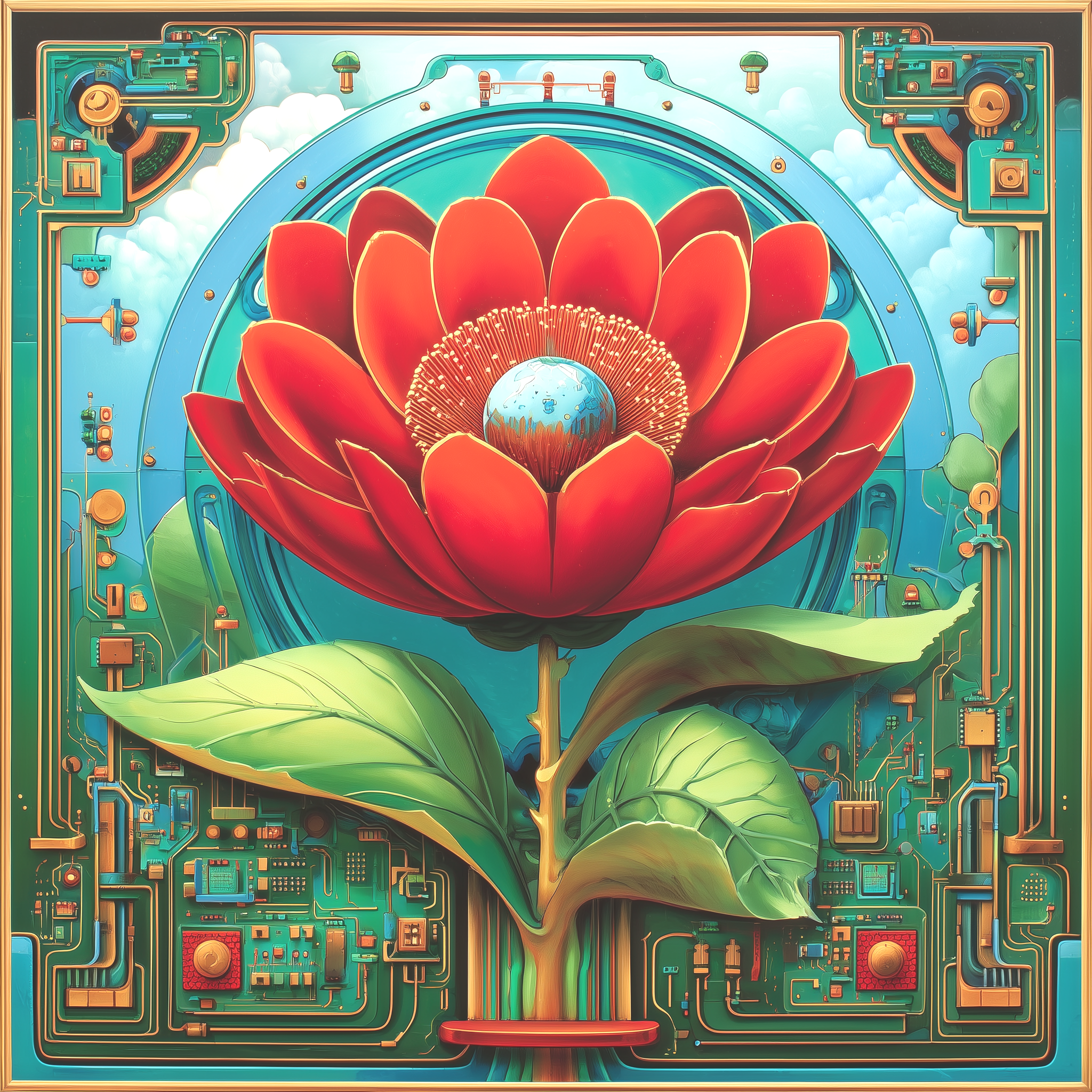 A digital artwork of a red flower with large green leaves, emerging from a circuit board background. The flower's center contains a miniature Earth, with the circuit board depicting technological elements and clouds in the sky.