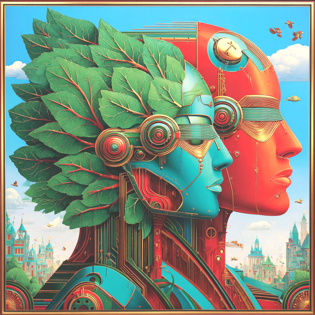 A surreal digital artwork featuring two humanoid profiles with a mix of organic and robotic elements. The left profile has a face integrated with green leaves, and the right profile has a red face with mechanical details. The background shows a futuristic cityscape with tall, colorful buildings and flying vehicles under a blue sky with clouds and birds.