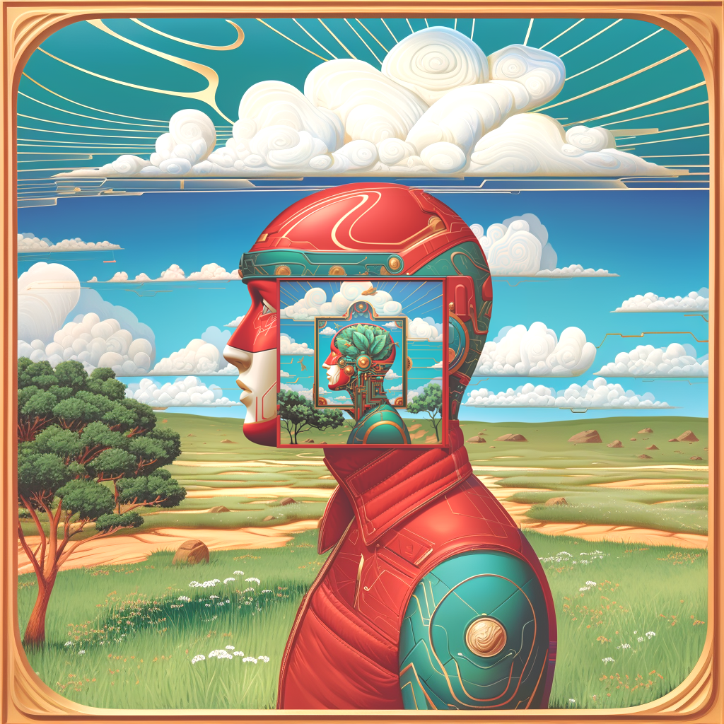 A surreal digital illustration of a human head and upper body blended with robotic and futuristic elements, set against a bright sky with clouds and a green landscape. The head features a mirrored fractal image within a frame, creating a recursive visual effect.