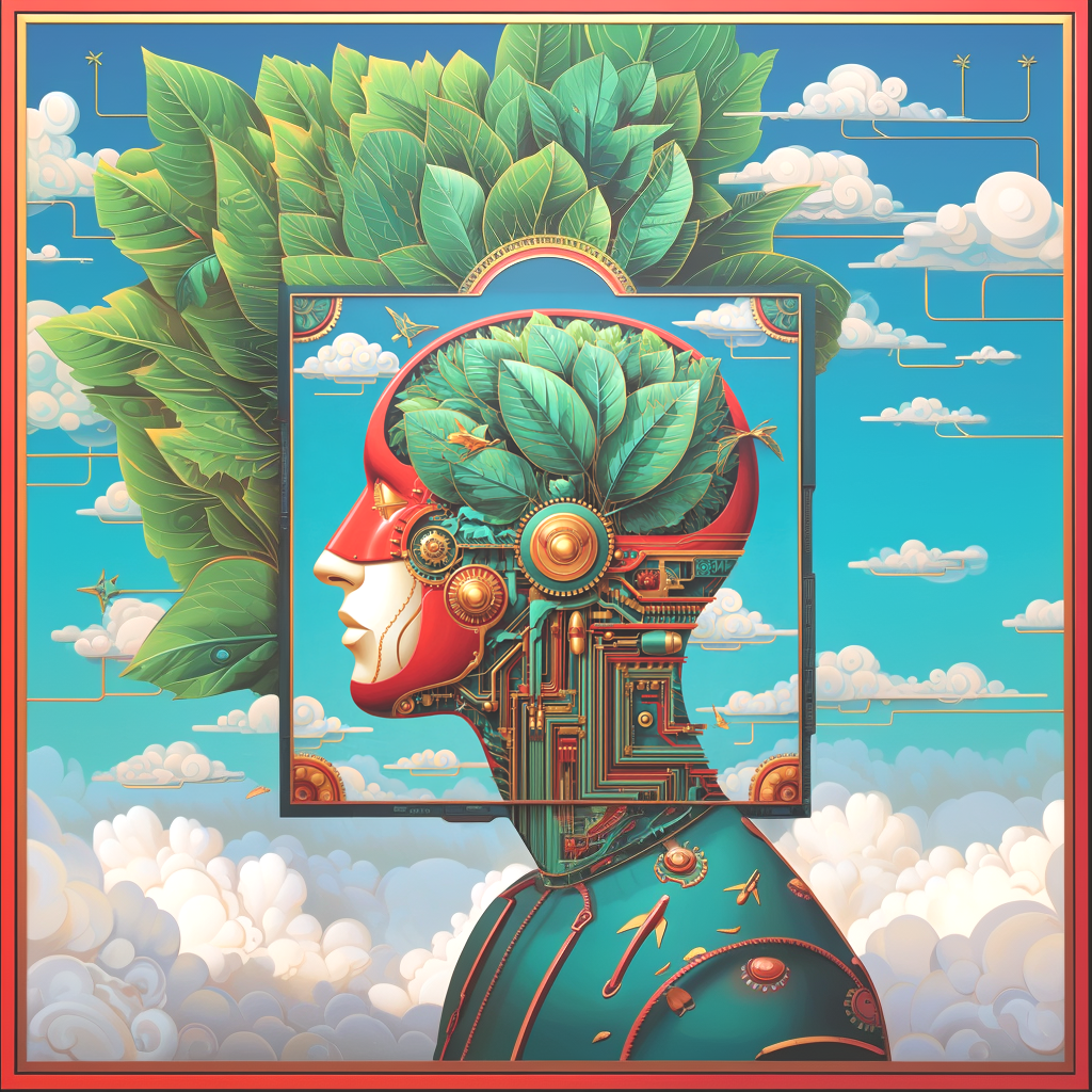 A surreal digital artwork featuring a human profile with mechanical and organic elements. The face is partially robotic with intricate gears and circuits, and the head is filled with lush green leaves and plants, blending technology and nature. The background shows a bright blue sky with white clouds and stylized lines.