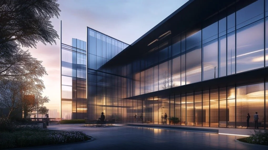 Modern glass building with reflecting windows at sunset, with people walking outside and trees on the left.
