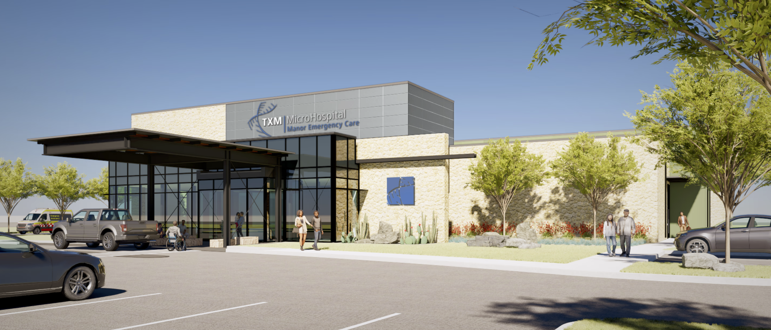 Artist rendering of TXM Micro Hospital with a modern exterior, glass entrance, trees, parked cars, and people walking outside on a sunny day.