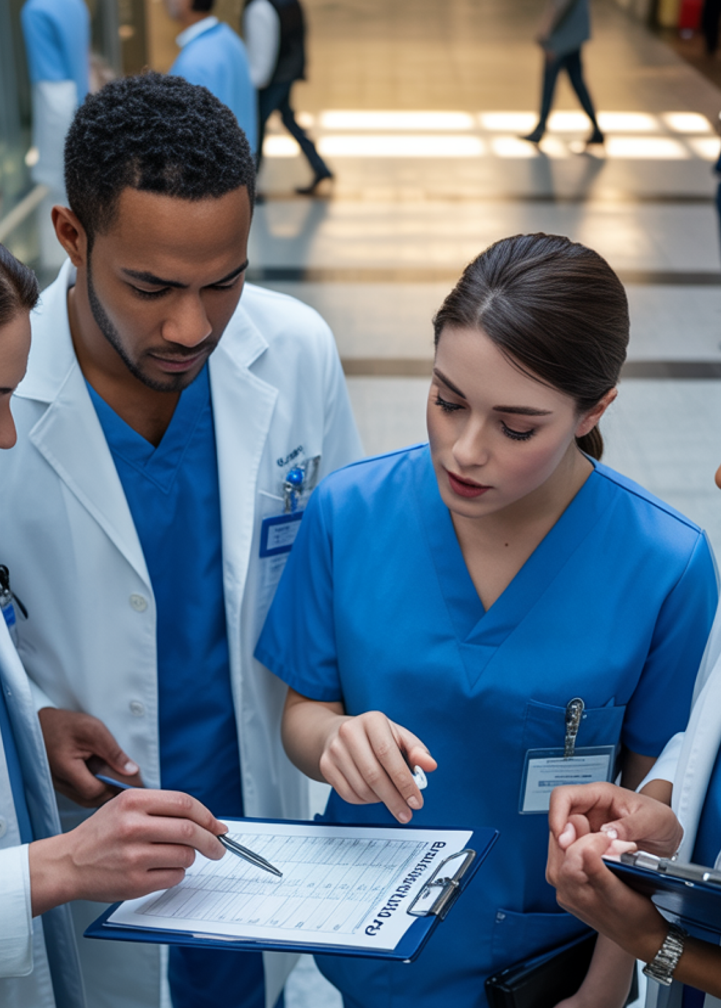 A group of doctors and nurses discuss patient care