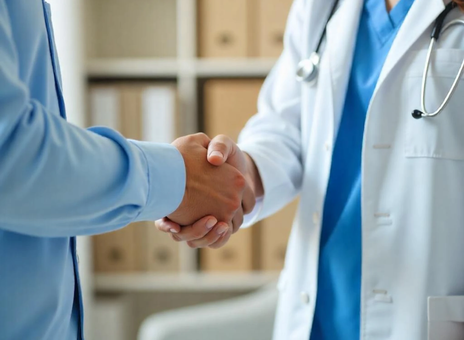 Doctor and patient shaking hands in a medical setting.