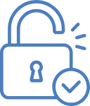 Outline of an open padlock with a checkmark in a circle next to it, symbolizing security or protection.