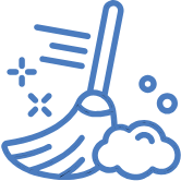 Illustration of a broom sweeping with dust and bubbles around it.