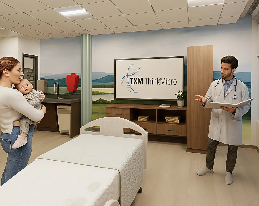 A woman holding a baby and a doctor having a conversation in a hospital room with a bed, a television displaying the TXM ThinkMicro logo, and a scenic mural on the wall.