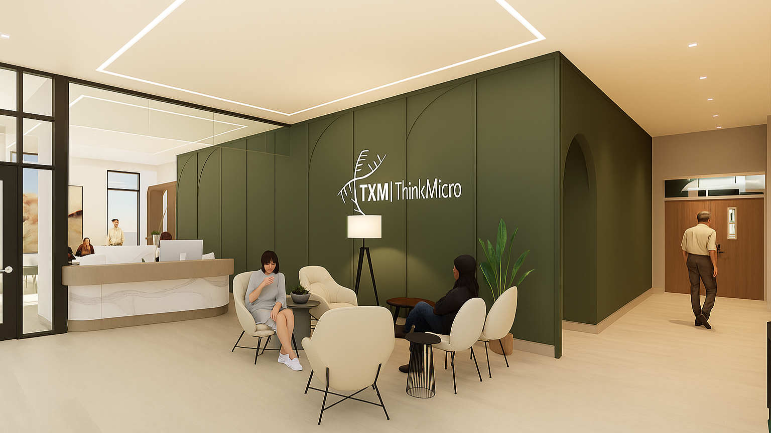 Lobby area with seating, a reception desk, and a green wall with TXM ThinkMicro logo and a leaf design, modern lighting, and people sitting and walking.