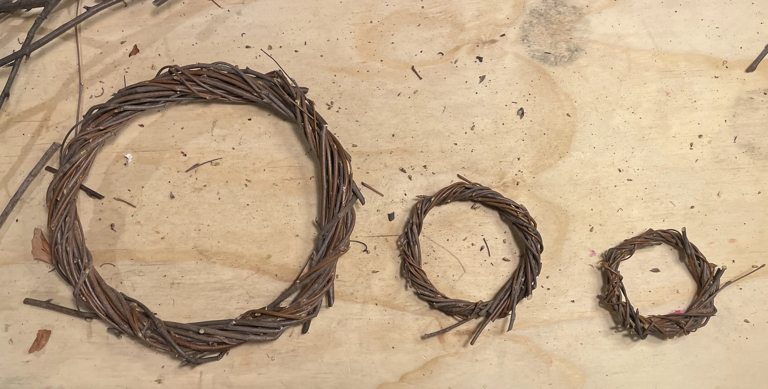 hand woven reusable wreath frames made with the pruning trimmings from our river birch