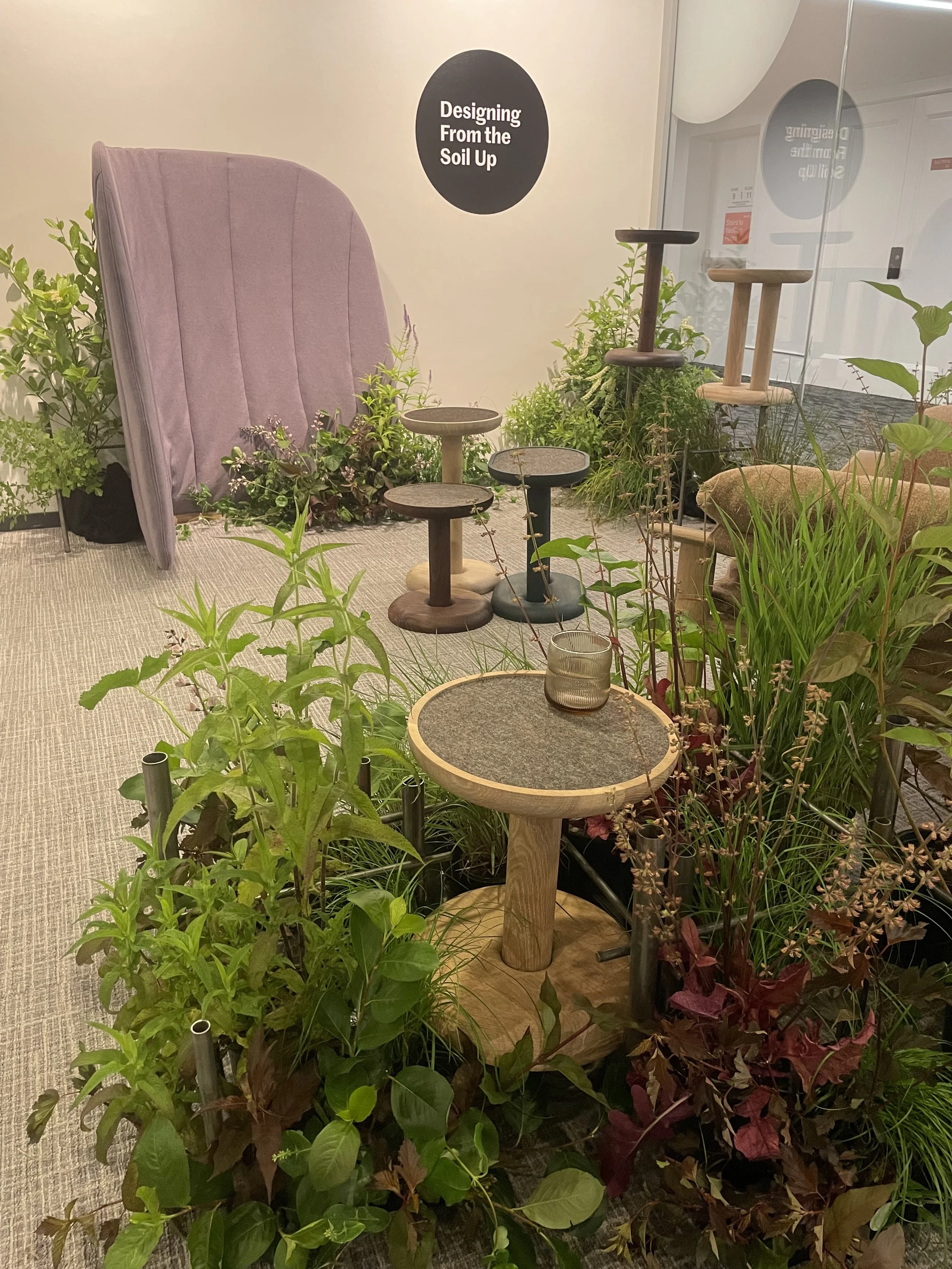 Featured pieces from the Okaterra regenerative furniture line nestled into an "indoor garden" of Eastern US native species.