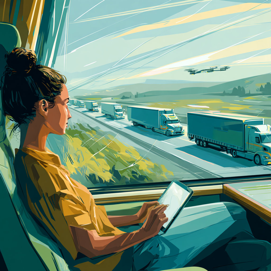 Mira watching a swarm of trucks on her commute to work.