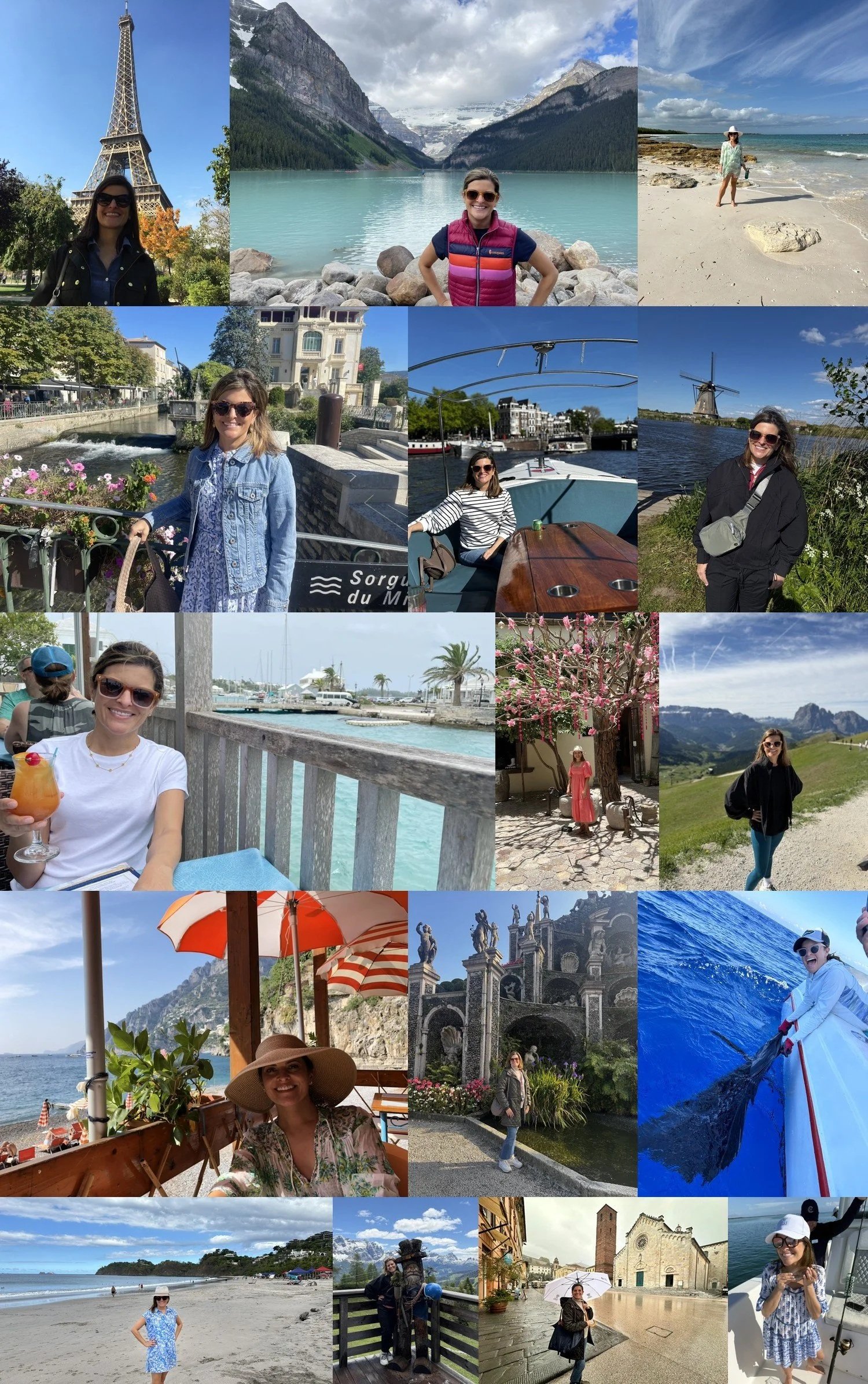 A collage of women traveling and enjoying different locations including Paris, mountains, beaches, rivers, outdoor cafes, historical sites, and rural areas.