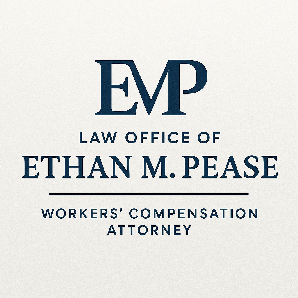 Logo for Ethan M. Pease Law Office of workers' compensation attorney with initials EMP in large font.