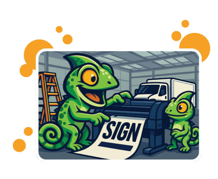 Two cartoon chameleon lizards in a warehouse, one holding a sign that says 'SIGN,' with a truck in the background and a ladder leaning against a wall.