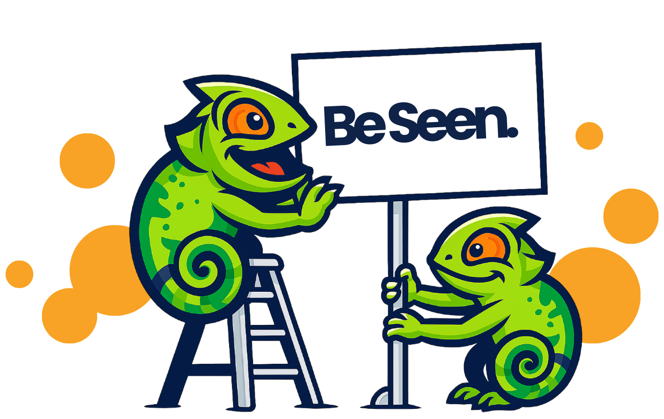 Two cartoon chameleons holding a sign that says "Be Seen." one chameleon is standing on a ladder, and the other is holding the sign.