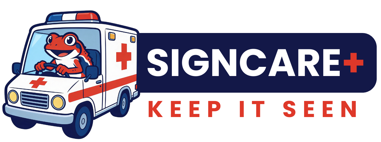 A cartoon ambulance vehicle with a smiling anthropomorphic frog driver, featuring red cross symbols, the text 'SignCare', and the slogan 'Keep It Seen'.