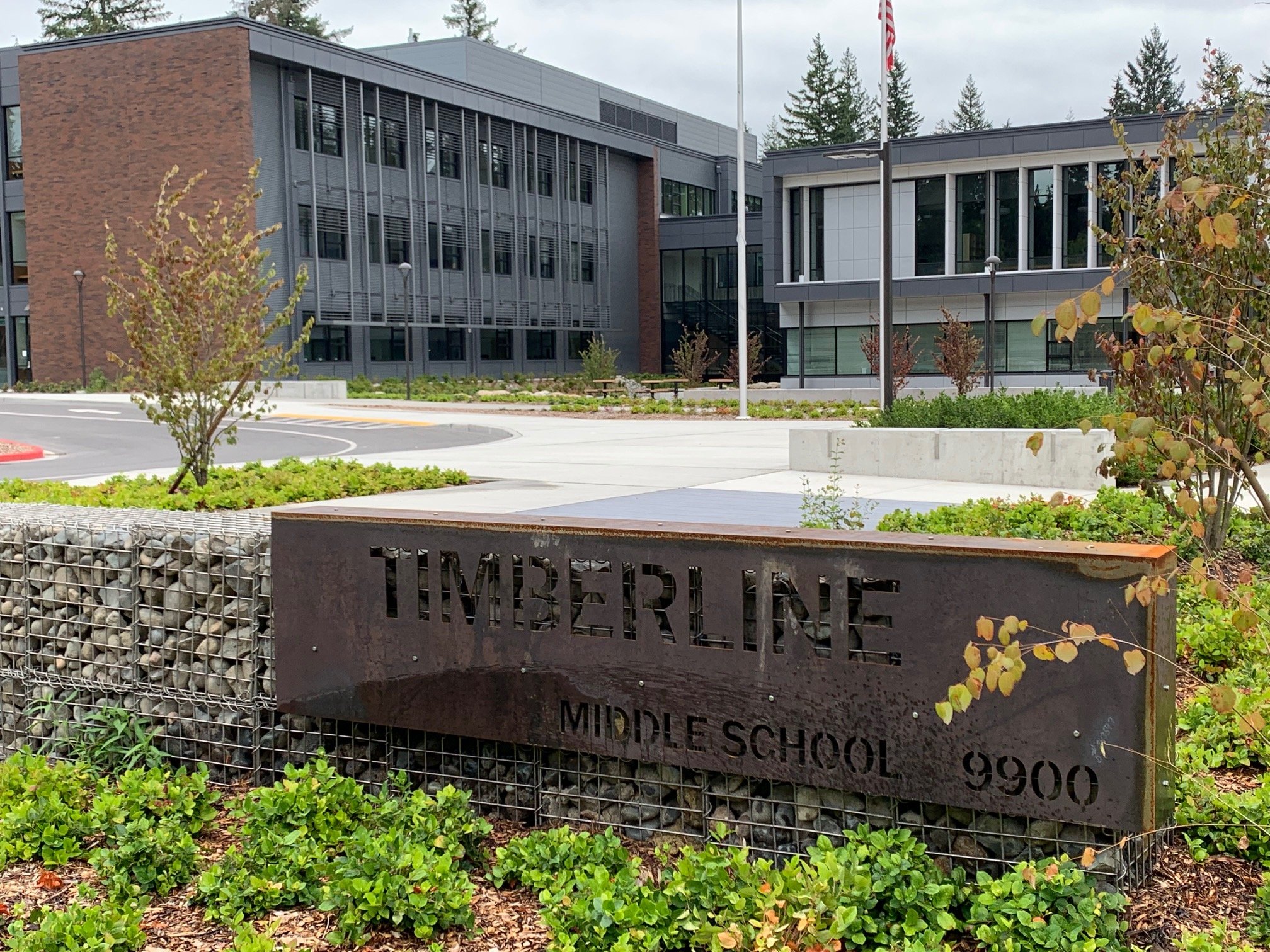 A weathered sign reading 'TIMBERLINE MIDDLE SCHOOL 9900' in front of a modern school building with large windows, trees, and a parking lot.