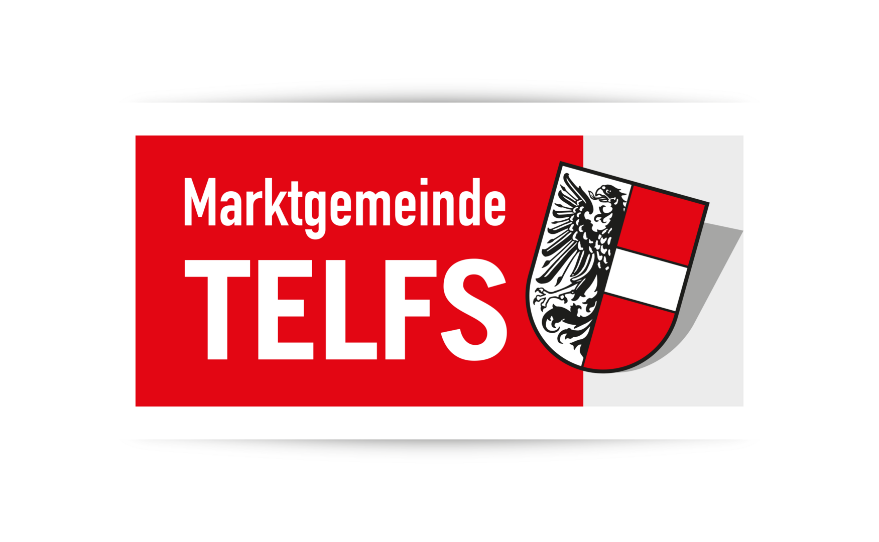 Logo der Marktgemeinde Telfs mit rotem Hintergrund, weißen Text und Wappen, das einen schwarzen Adler auf weißem und einem roten Hintergrund zeigt.