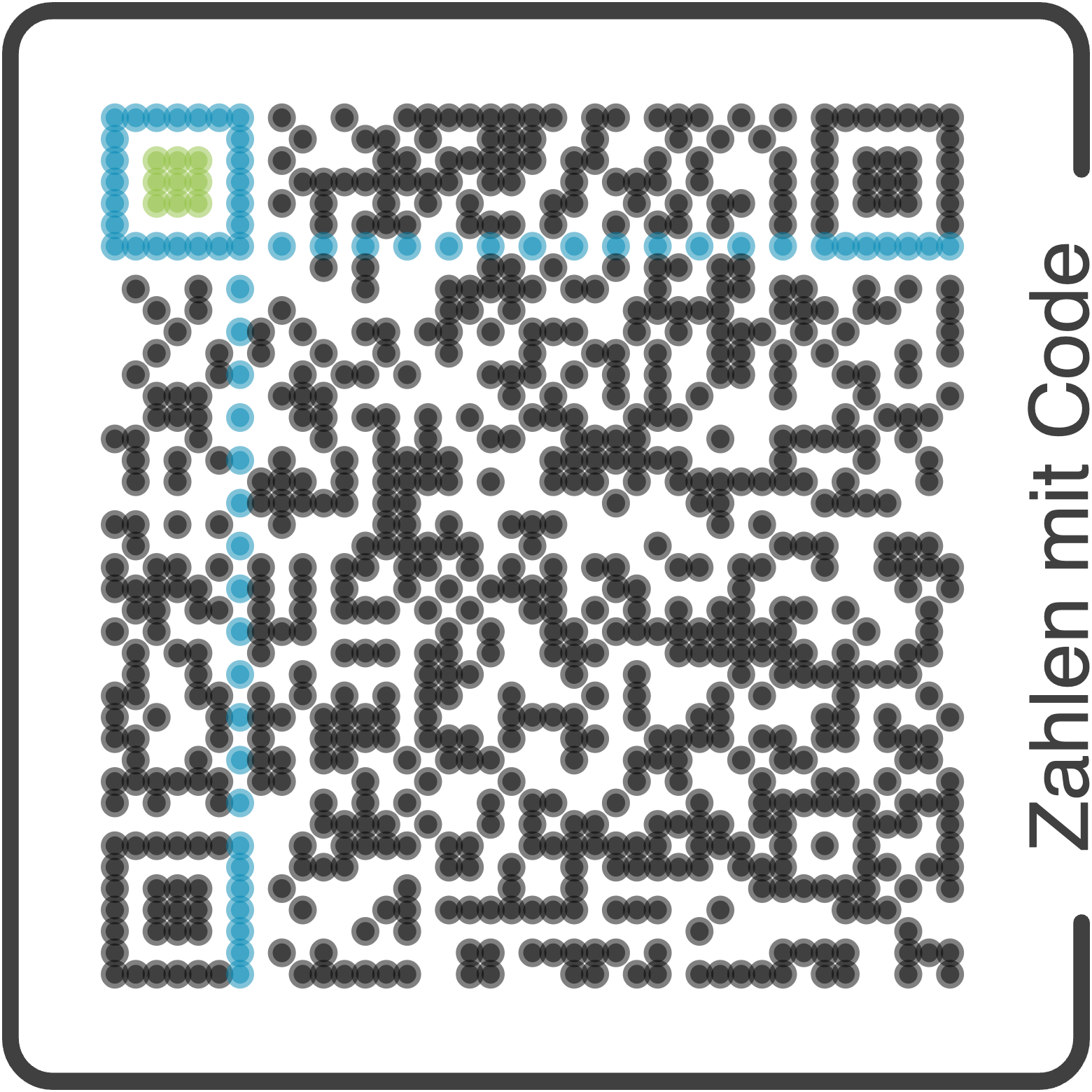 Ein QR-Code mit dem Hinweis 'Zahlen mit Code' und einem vertikalen blauen Balken auf der linken Seite.