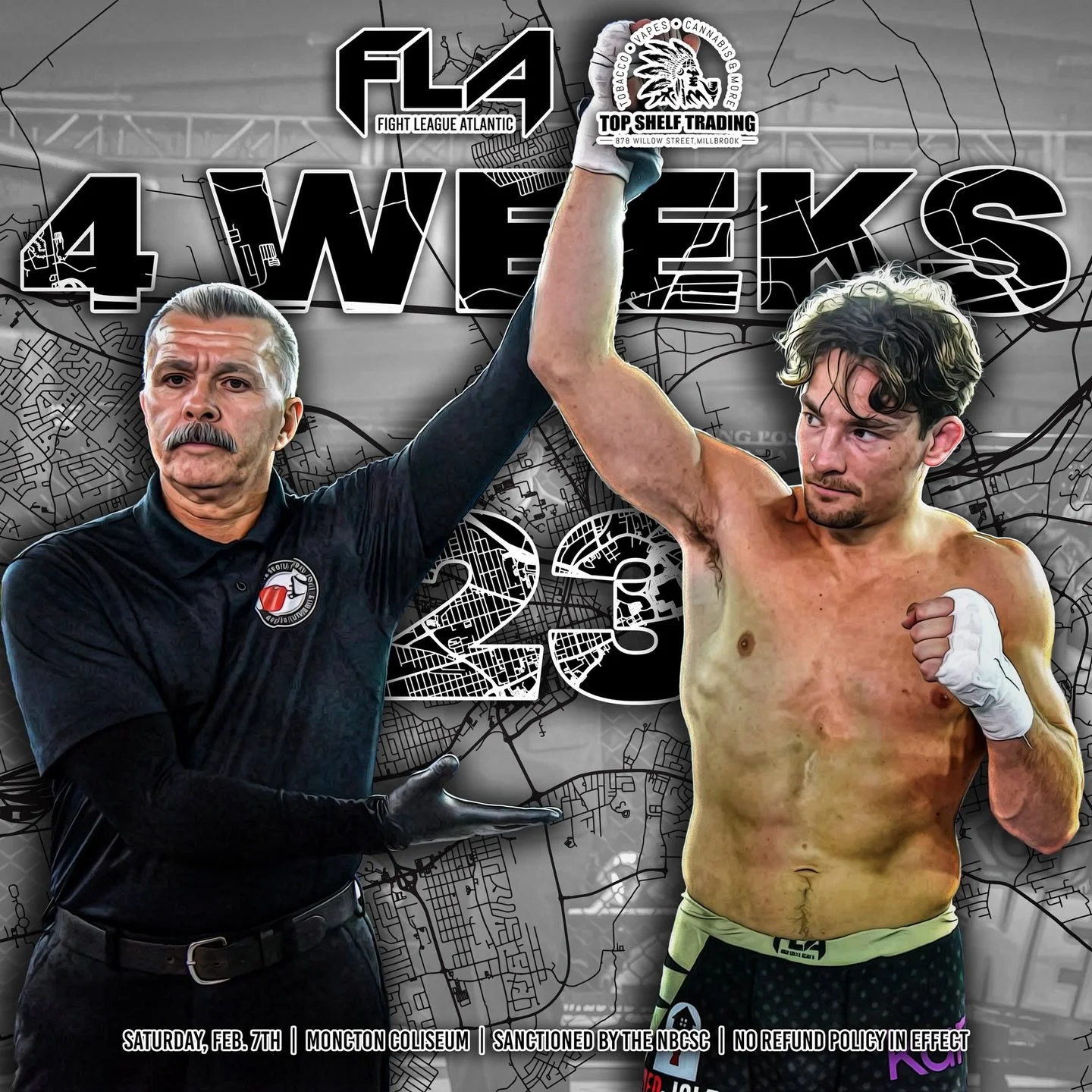 4 WEEKS &amp; COUNTING! 

Fight League Atlantic 23 
Presented by @topshelfmb.smokeshop 
February 7th - TICKETS ARE 🚀
FIGHTLEAGUEATLANTIC.COM