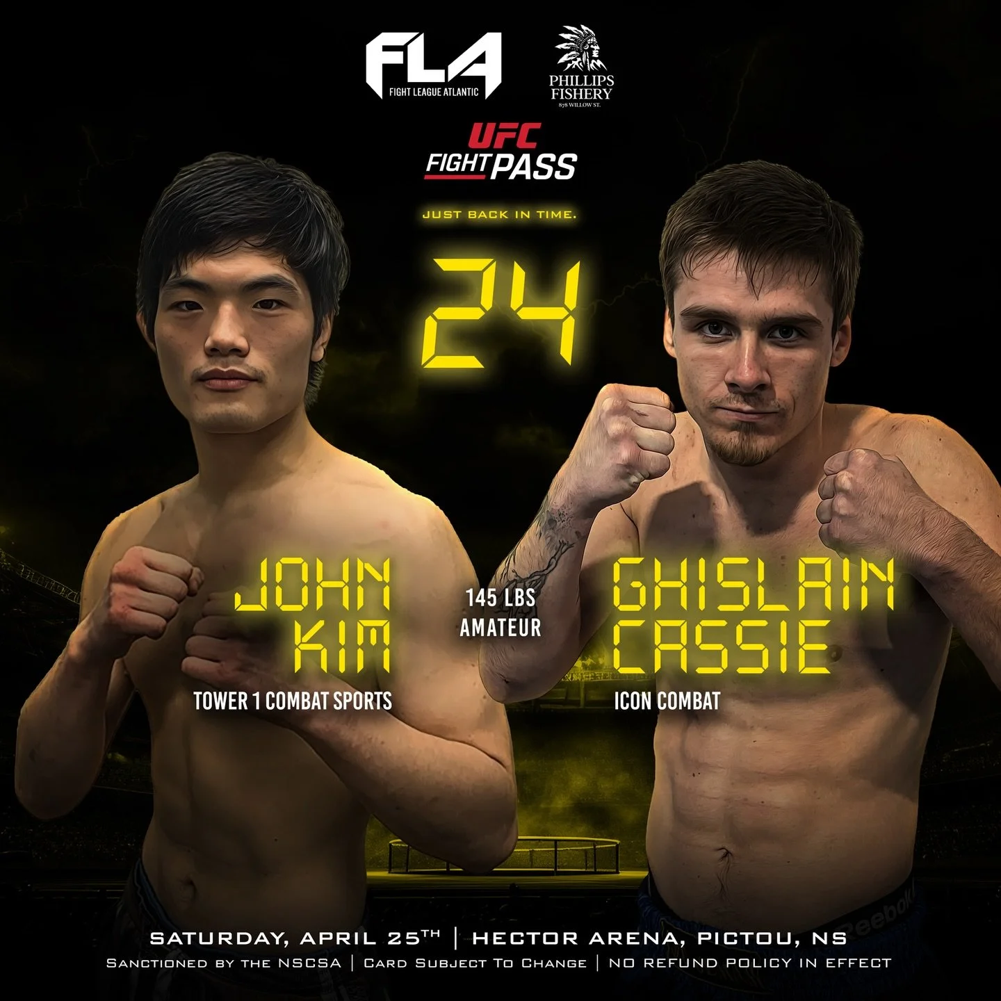 Fight League Atlantic 24
Presented by Phillips Fishery
John Kim (0-2)
Tower 1 Combat Sports
🆚 145 lbs AMATEUR
Ghislain Cassie (0-0)
Icon Combat
Two determined featherweights are set to collide at FLA 24 on April 25th in Pictou. Representing Tower 1 