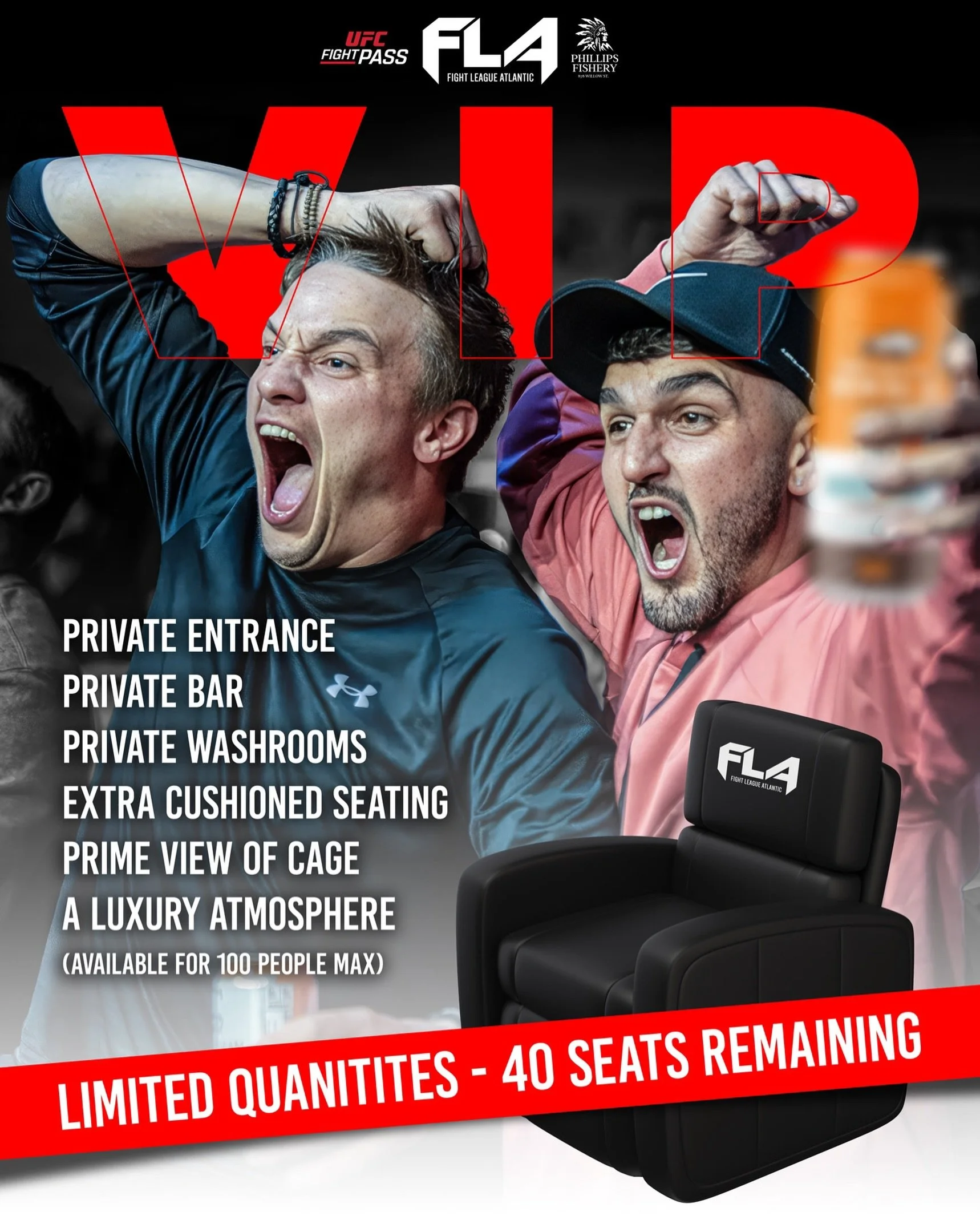 😎VIP SEATING 😎

Do YOU want to watch FLA 25 in style? 
Grab some friends &amp; join the VIP BOX! 
40 seats remaining ONLY! 
▪️Private VIP entrance 
▪️Private Washrooms (shared between box)
▪️Private Bar (shared between box) 
▪️More comfortable, the